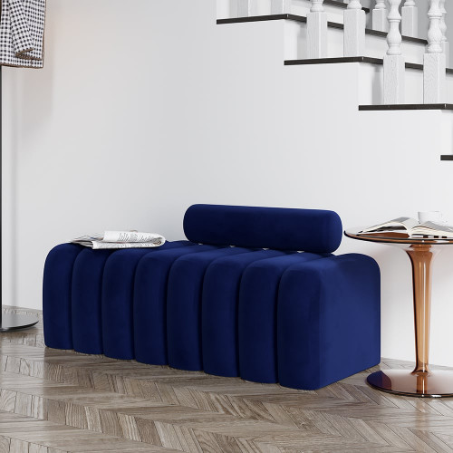 HMR Modern Line Tufted Entryway Bench Upholstered Bench with Round Back - Blue