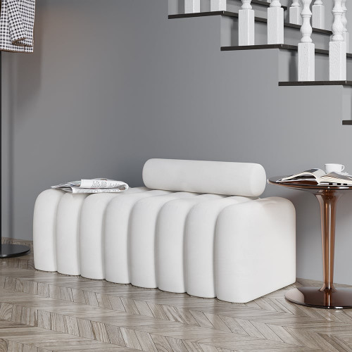 HMR Modern Line Tufted Entryway Bench Upholstered Bench with Round Back - White