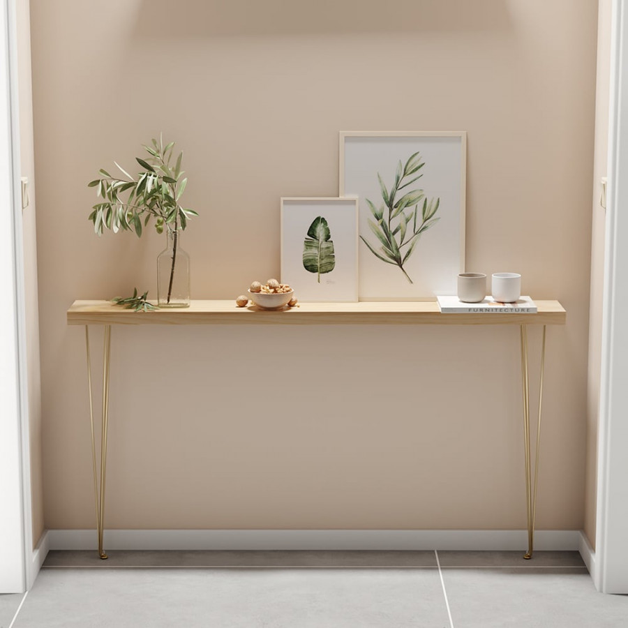HMR Rustic Narrow Rectangular 59" Console Table with Wooden Top & Metal Legs - Natural