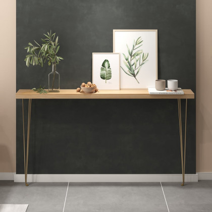HMR Rustic Narrow Rectangular 59" Console Table with Wooden Top & Metal Legs - Natural