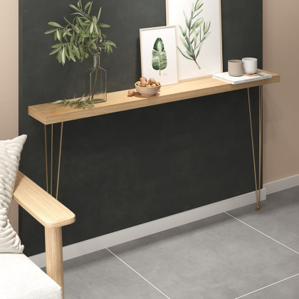 HMR Rustic Narrow Rectangular 59" Console Table with Wooden Top & Metal Legs - Natural