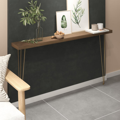 HMR Rustic Narrow Rectangular 59" Console Table with Wooden Top & Metal Legs - Walnut