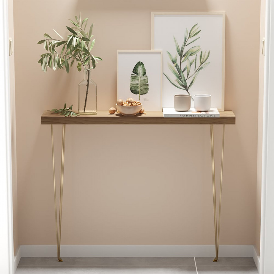 HMR Rustic Narrow Rectangular 39" Console Table with Wooden Top & Metal Legs - Walnut