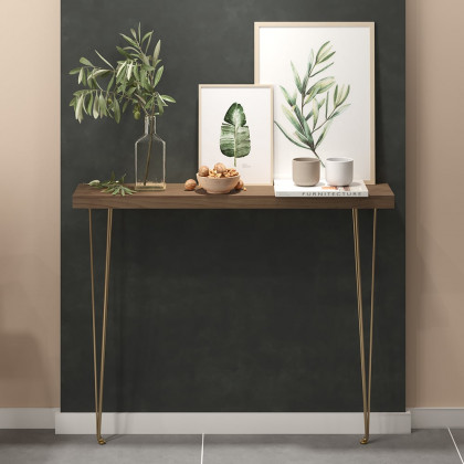 HMR Rustic Narrow Rectangular 39" Console Table with Wooden Top & Metal Legs - Walnut