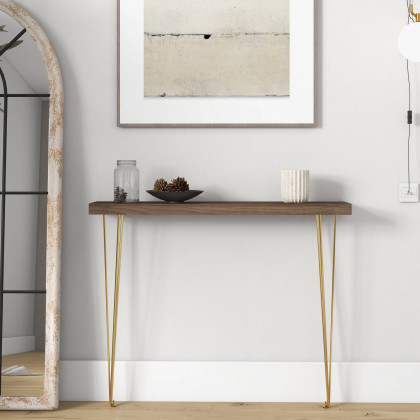 HMR Rustic Narrow Rectangular 39" Console Table with Wooden Top & Metal Legs - Walnut