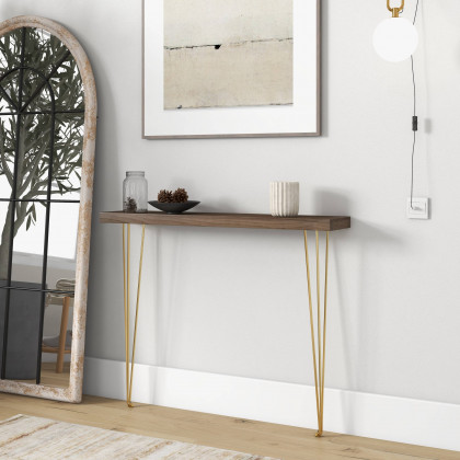 HMR Rustic Narrow Rectangular 39" Console Table with Wooden Top & Metal Legs - Walnut