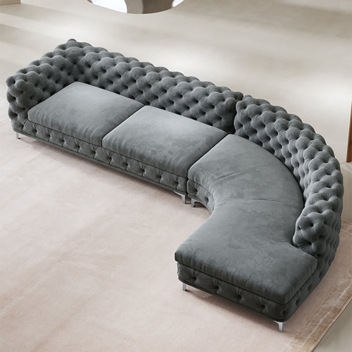 HMR - L-Shaped Curved Gray Sectional Sofa Upholstered Velvet Chesterfield Sofa