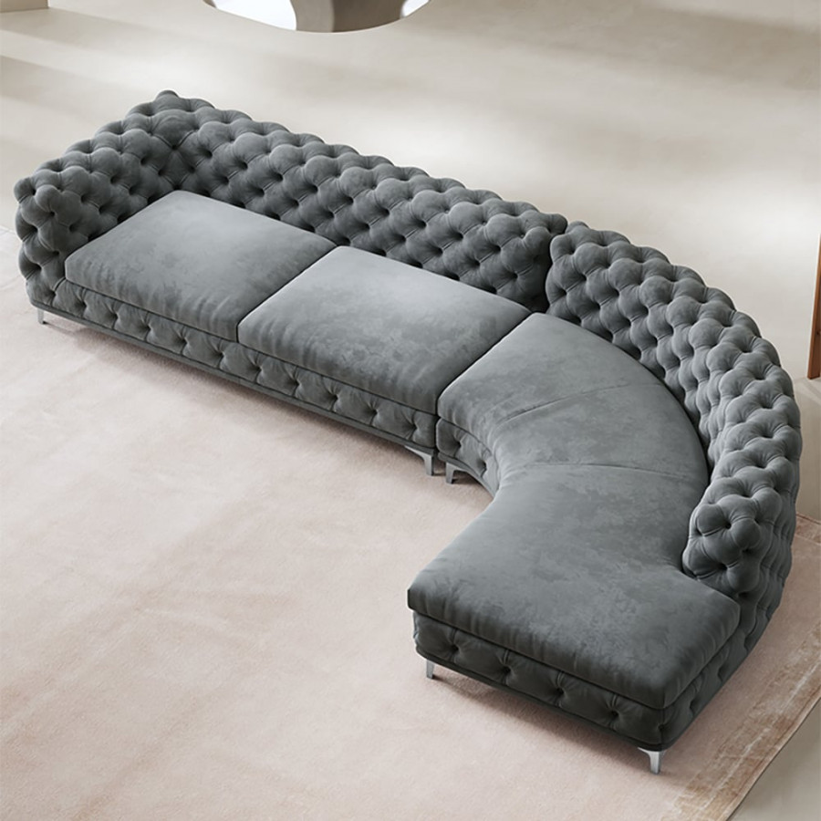 HMR - L-Shaped Curved Gray Sectional Sofa Upholstered Velvet Chesterfield Sofa