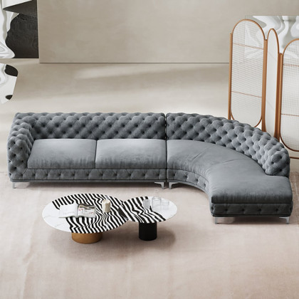 HMR - L-Shaped Curved Gray Sectional Sofa Upholstered Velvet Chesterfield Sofa