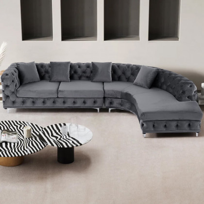 HMR - L-Shaped Curved Gray Sectional Sofa Upholstered Velvet Chesterfield Sofa