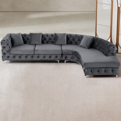HMR - L-Shaped Curved Gray Sectional Sofa Upholstered Velvet Chesterfield Sofa