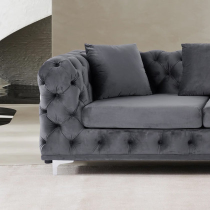 HMR - L-Shaped Curved Gray Sectional Sofa Upholstered Velvet Chesterfield Sofa