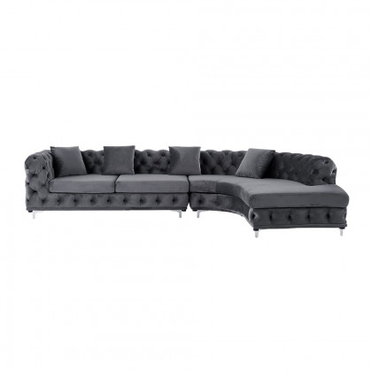 HMR - L-Shaped Curved Gray Sectional Sofa Upholstered Velvet Chesterfield Sofa