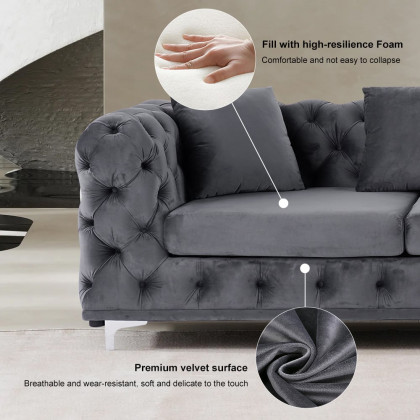 HMR - L-Shaped Curved Gray Sectional Sofa Upholstered Velvet Chesterfield Sofa