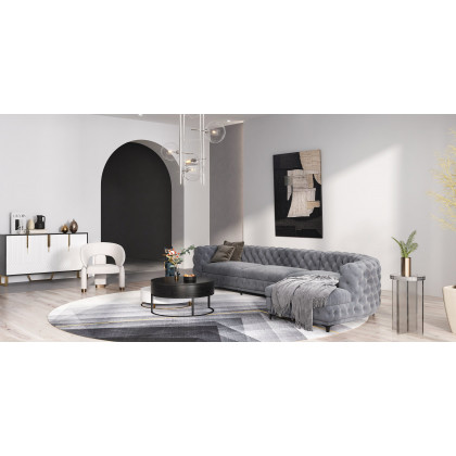 HMR - L-Shaped Curved Gray Sectional Sofa Upholstered Velvet Chesterfield Sofa
