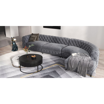 HMR - L-Shaped Curved Gray Sectional Sofa Upholstered Velvet Chesterfield Sofa