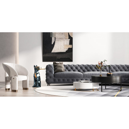 HMR - L-Shaped Curved Gray Sectional Sofa Upholstered Velvet Chesterfield Sofa
