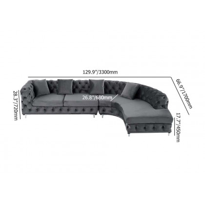 HMR - L-Shaped Curved Gray Sectional Sofa Upholstered Velvet Chesterfield Sofa