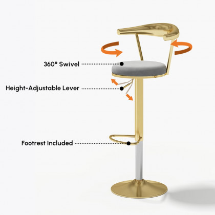 HMR Modern Adjustable Swivel Bar Stools or Counter Stools with Velvet Upholstery (Single) - Gray