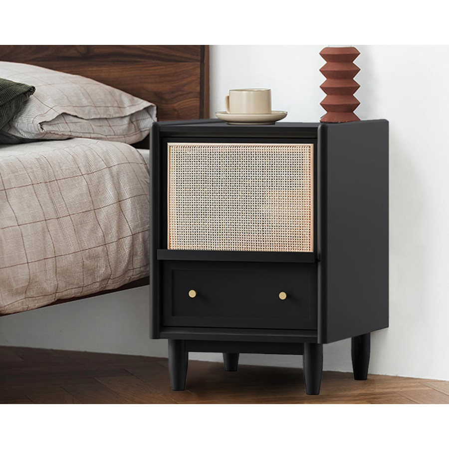 HMR - Rustic Rattan Nightstand with Storage Solid Wood