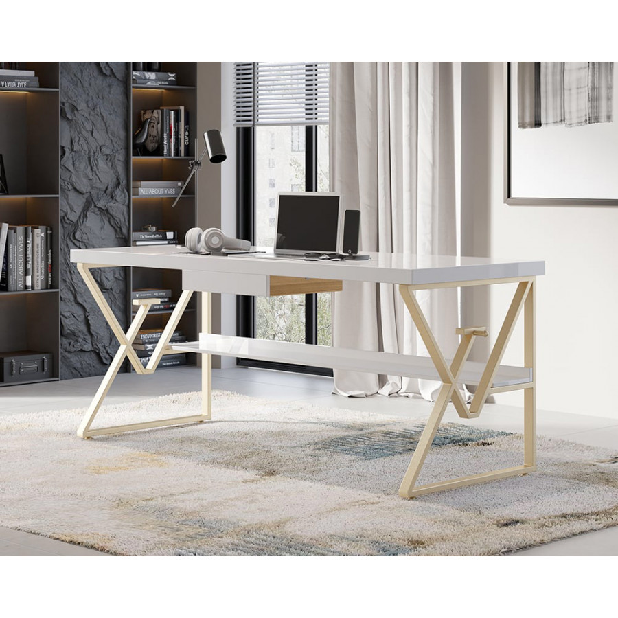 HMR Modern 71" Writing Desk with Drawer & Shelf - White
