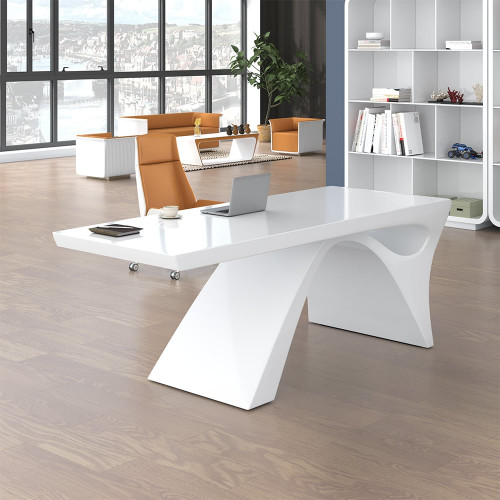 HMR Modern Computer Desk Rectangular Office Desk with Pedestal Base - White, 63"