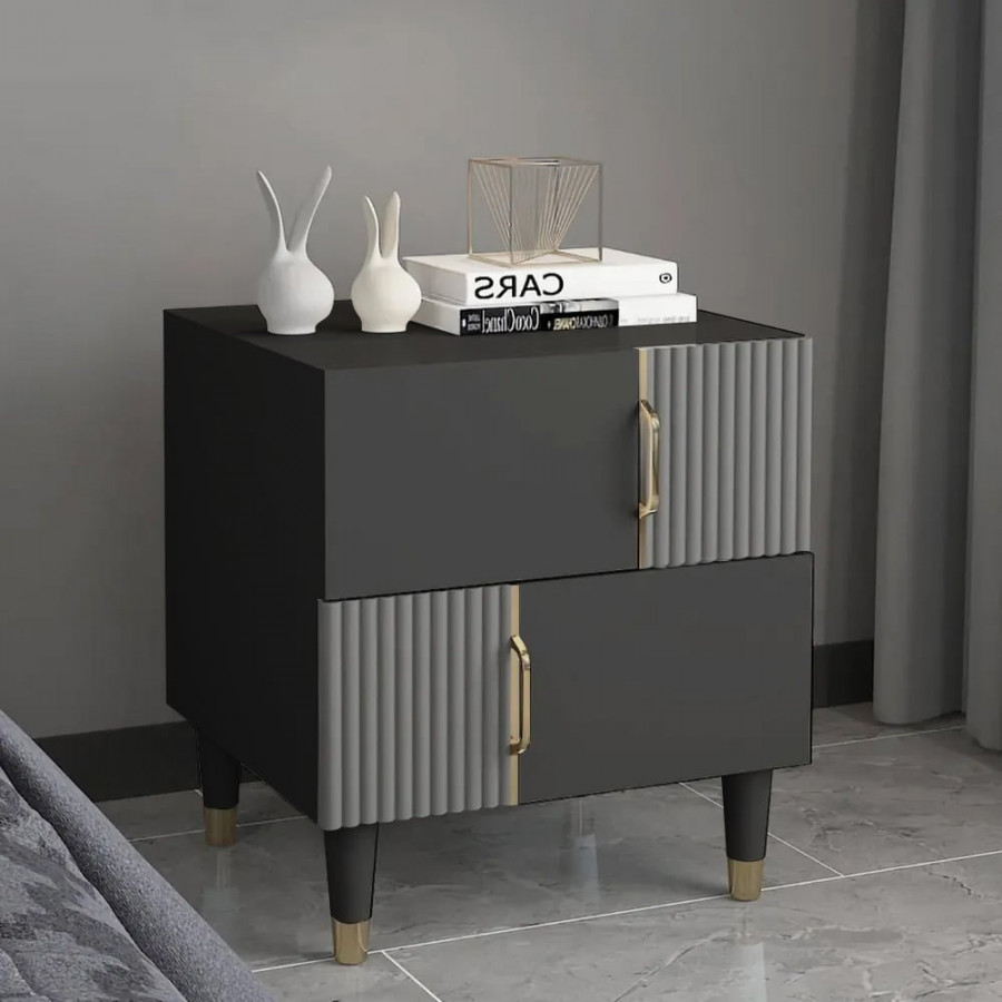 HMR - Modern Black & Gray Nightstand Bedroom Wooden Nightstand Bedside Table with 2 Drawers