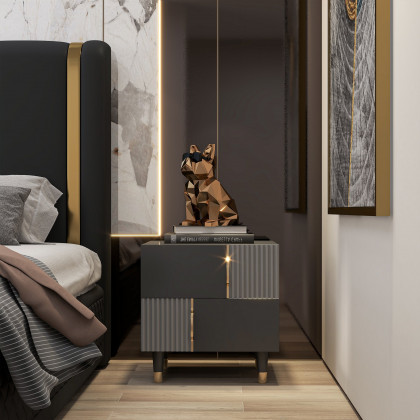 HMR - Modern Black & Gray Nightstand Bedroom Wooden Nightstand Bedside Table with 2 Drawers