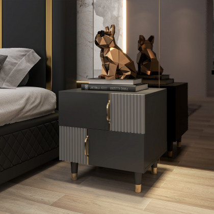 HMR - Modern Black & Gray Nightstand Bedroom Wooden Nightstand Bedside Table with 2 Drawers