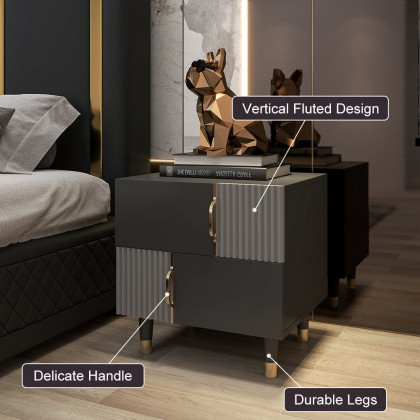 HMR - Modern Black & Gray Nightstand Bedroom Wooden Nightstand Bedside Table with 2 Drawers