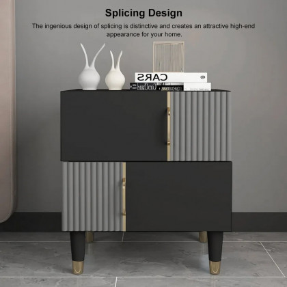 HMR - Modern Black & Gray Nightstand Bedroom Wooden Nightstand Bedside Table with 2 Drawers