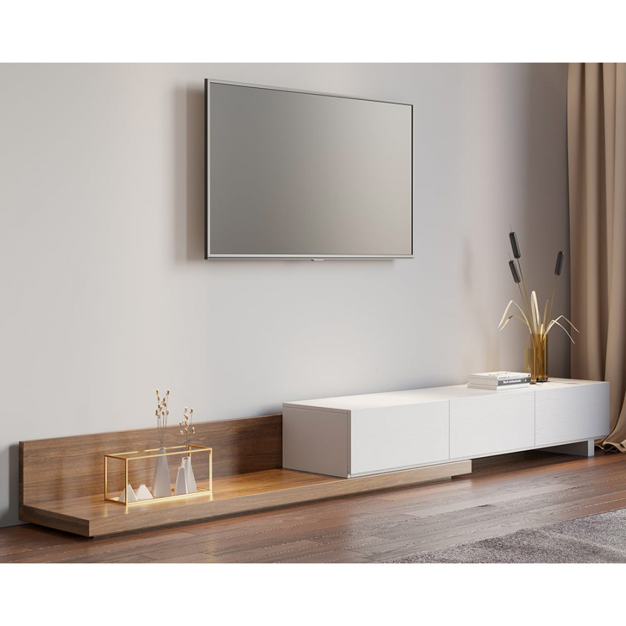 HMR Extendable Floor TV Stand with 3 Drawers (71"-120") - White & Walnut