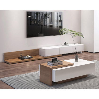 HMR Extendable Floor TV Stand with 3 Drawers (71"-120") - White & Walnut
