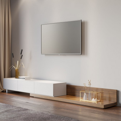 HMR Extendable Floor TV Stand with 3 Drawers (71"-120") - White & Walnut