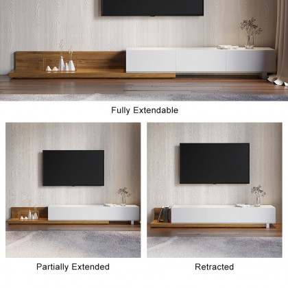 HMR Extendable Floor TV Stand with 3 Drawers (71"-120") - White & Walnut