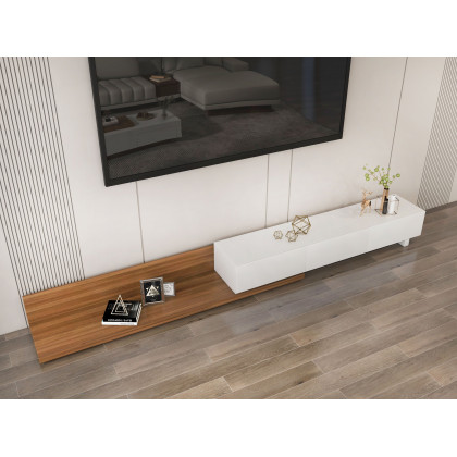 HMR Extendable Floor TV Stand with 3 Drawers (71"-120") - White & Walnut