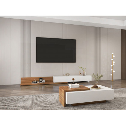 HMR Extendable Floor TV Stand with 3 Drawers (71"-120") - White & Walnut