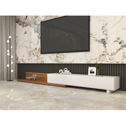 HMR Extendable Floor TV Stand with 3 Drawers (71"-120") - White & Walnut