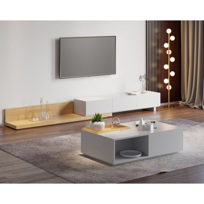 HMR Extendable Floor TV Stand with 3 Drawers (71"-120") - Natural & White