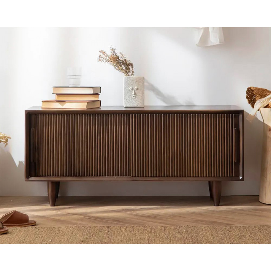 HMR - 39.4" Modern Wooden Storage Bench with Storage Sliding Doors Shelf Pine Wood