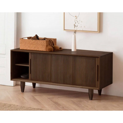 HMR - 39.4" Modern Wooden Storage Bench with Storage Sliding Doors Shelf Pine Wood