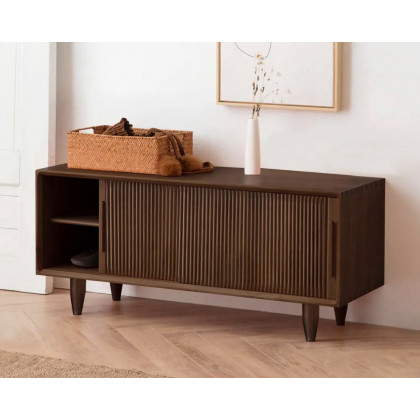 HMR - 39.4" Modern Wooden Storage Bench with Storage Sliding Doors Shelf Pine Wood