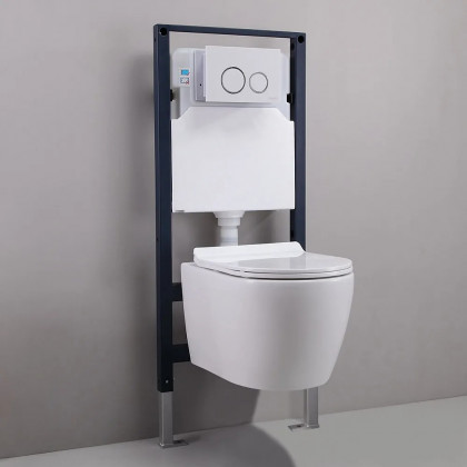 HMR - Modern Flush Elongated Wall Hung Toilet with In-Wall Tank and Carrier System in White
