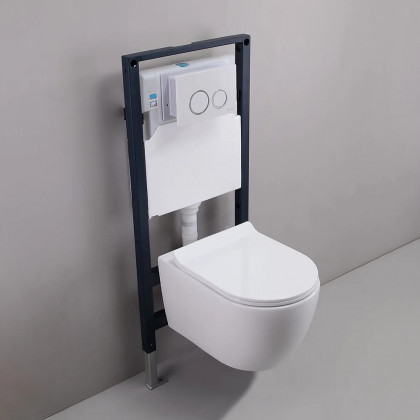 HMR - Modern Flush Elongated Wall Hung Toilet with In-Wall Tank and Carrier System in White