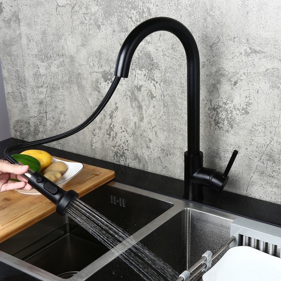 HMR - Commercial 3-Function Pull Down Kitchen Sink Faucet with Deck Plate in Black