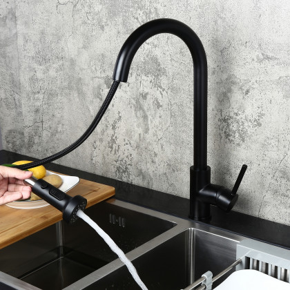 HMR - Commercial 3-Function Pull Down Kitchen Sink Faucet with Deck Plate in Black