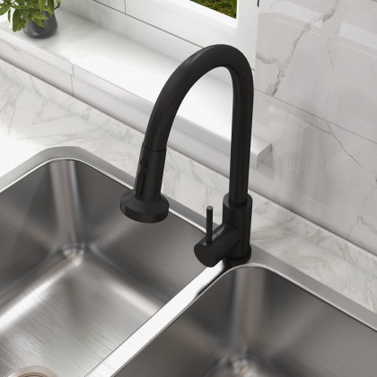 HMR - Commercial 3-Function Pull Down Kitchen Sink Faucet with Deck Plate in Black