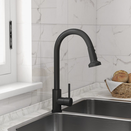 HMR - Commercial 3-Function Pull Down Kitchen Sink Faucet with Deck Plate in Black