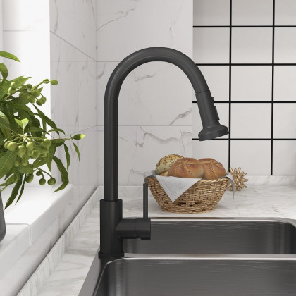 HMR - Commercial 3-Function Pull Down Kitchen Sink Faucet with Deck Plate in Black