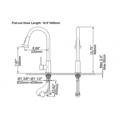 HMR - Commercial 3-Function Pull Down Kitchen Sink Faucet with Deck Plate in Black